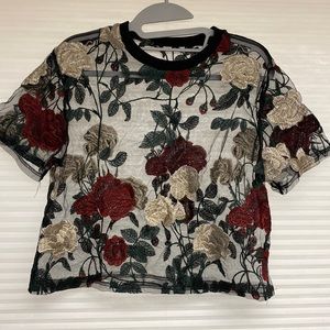 Shein Sheer Black Embroidered S/S Crop Top, XL. VERY PRETTY!